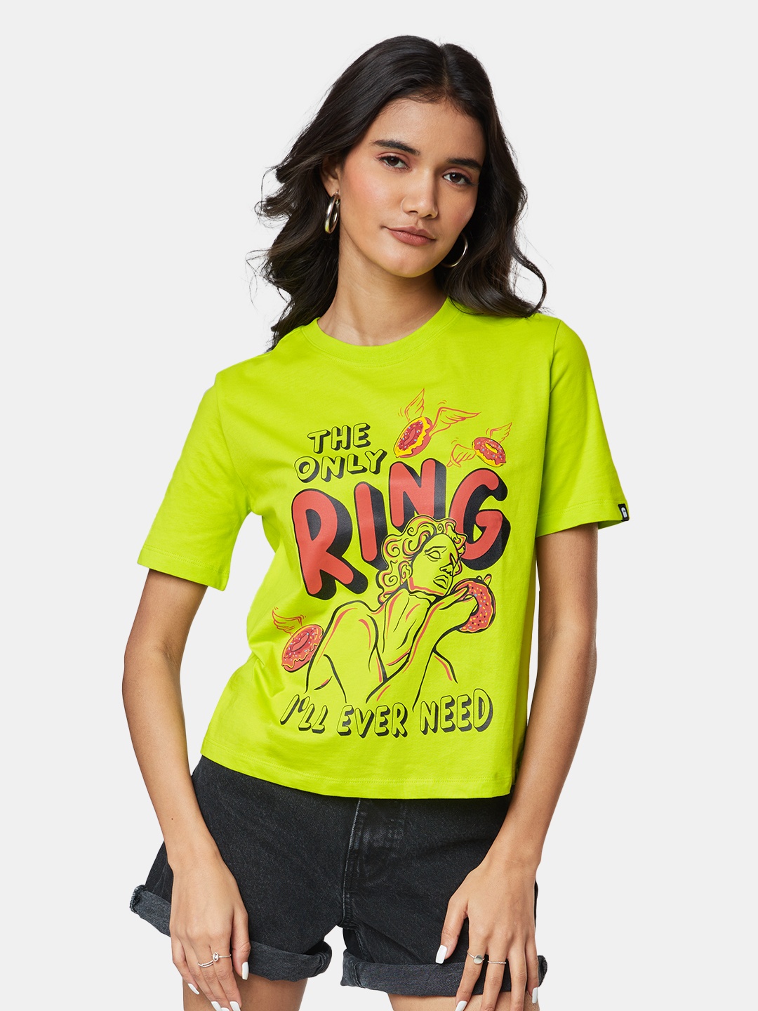 

The Souled Store Women Printed Pure Cotton Loose T-shirt, Green