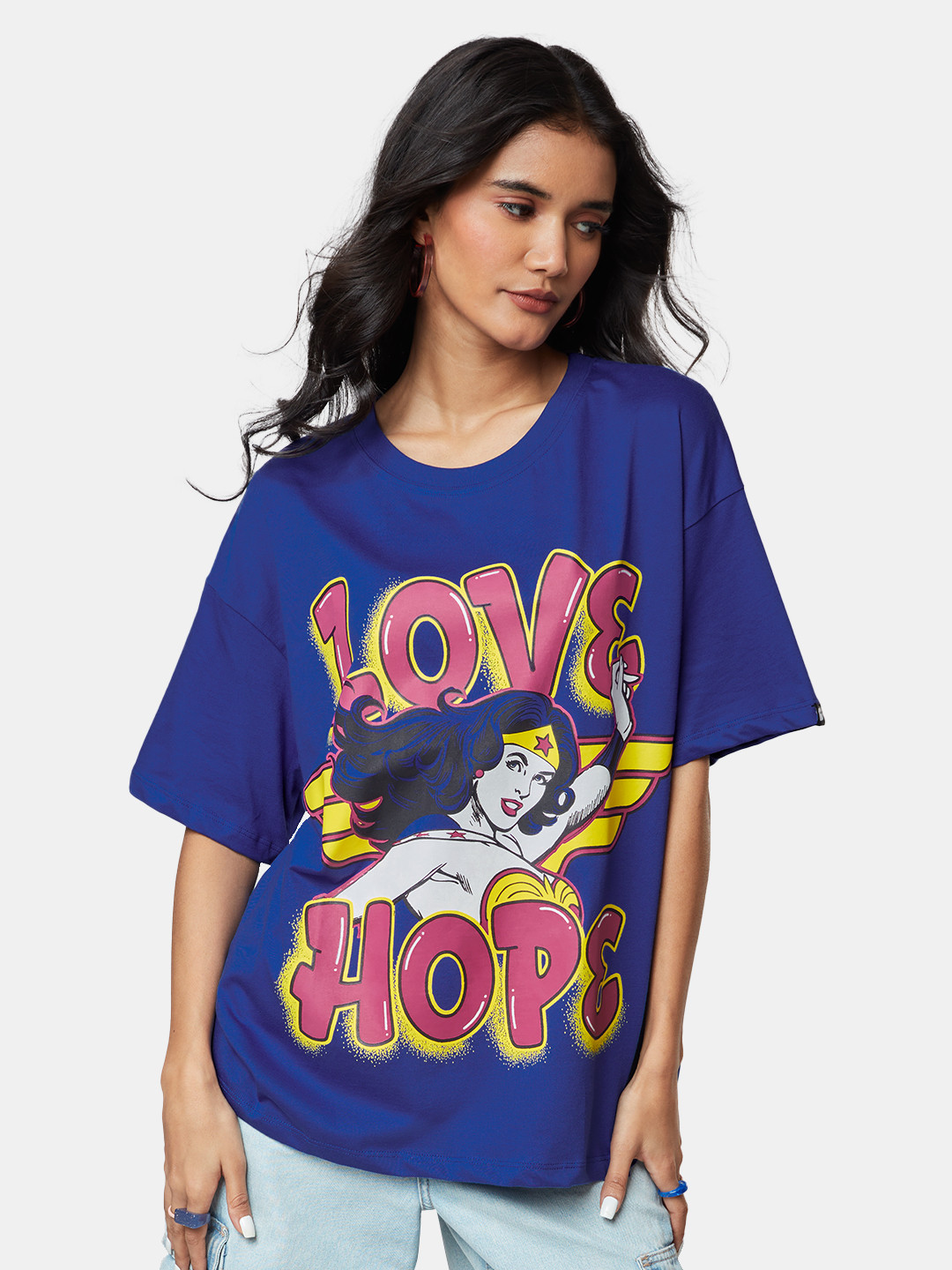 

The Souled Store Women Printed Pure Cotton Oversize Oversized T-shirt, Blue