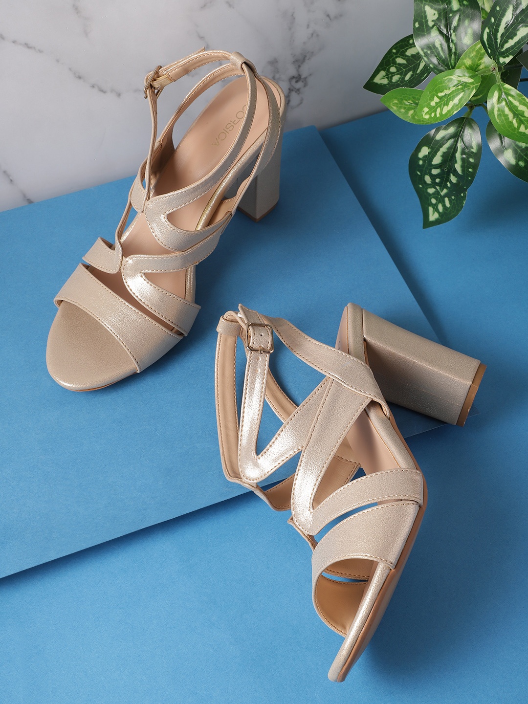 

CORSICA Strappy Block Heels with Buckle Closure, Gold