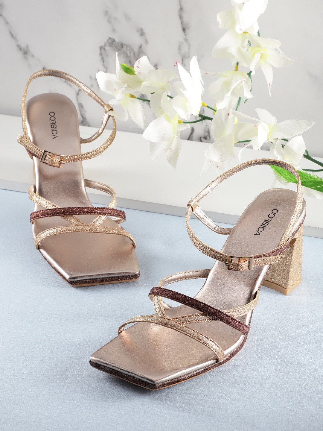 CORSICA Women Shimmery Effect Party Block Heels, Gold