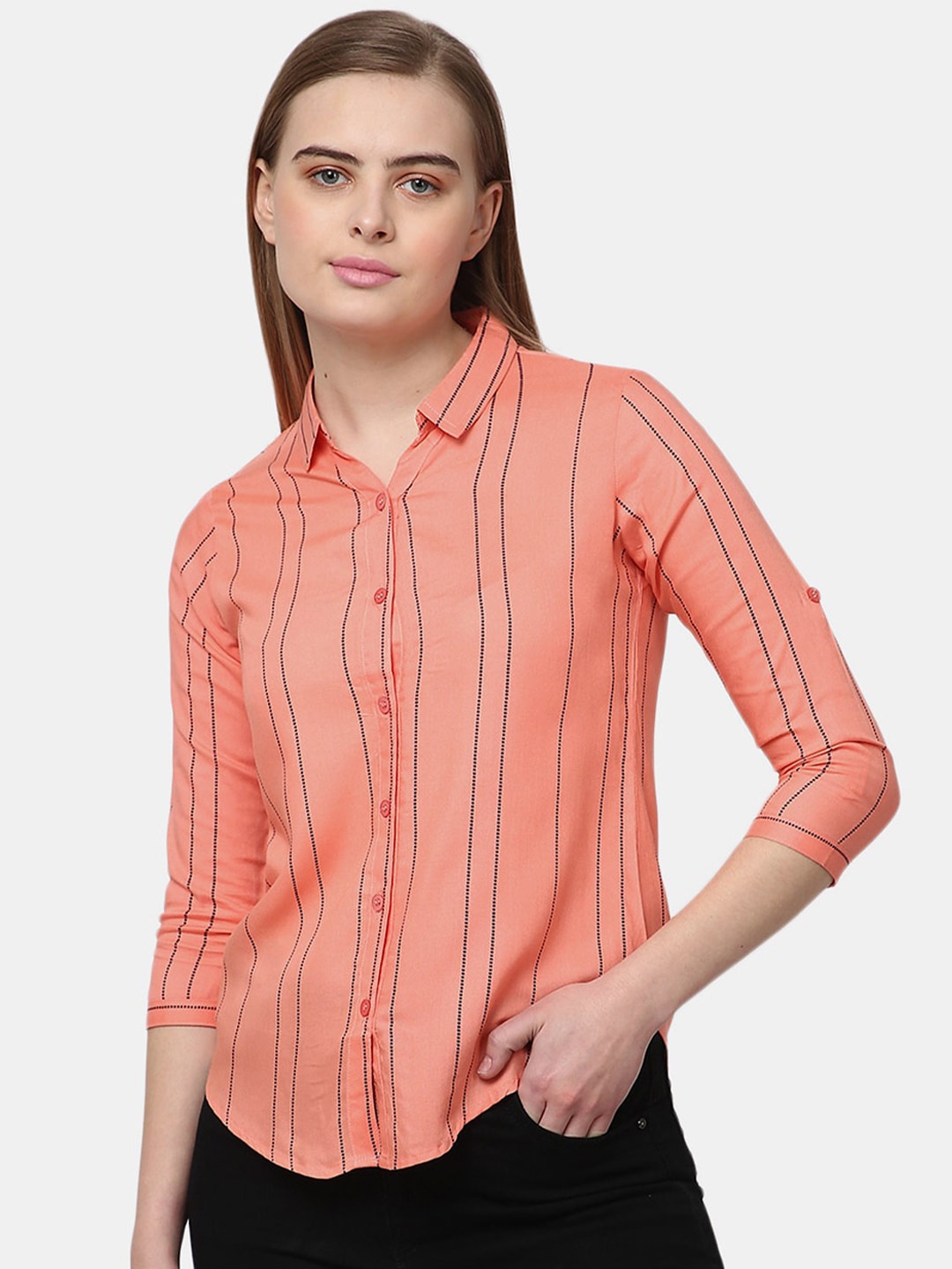 

V-Mart Women Peach-Coloured Classic Striped Casual Shirt