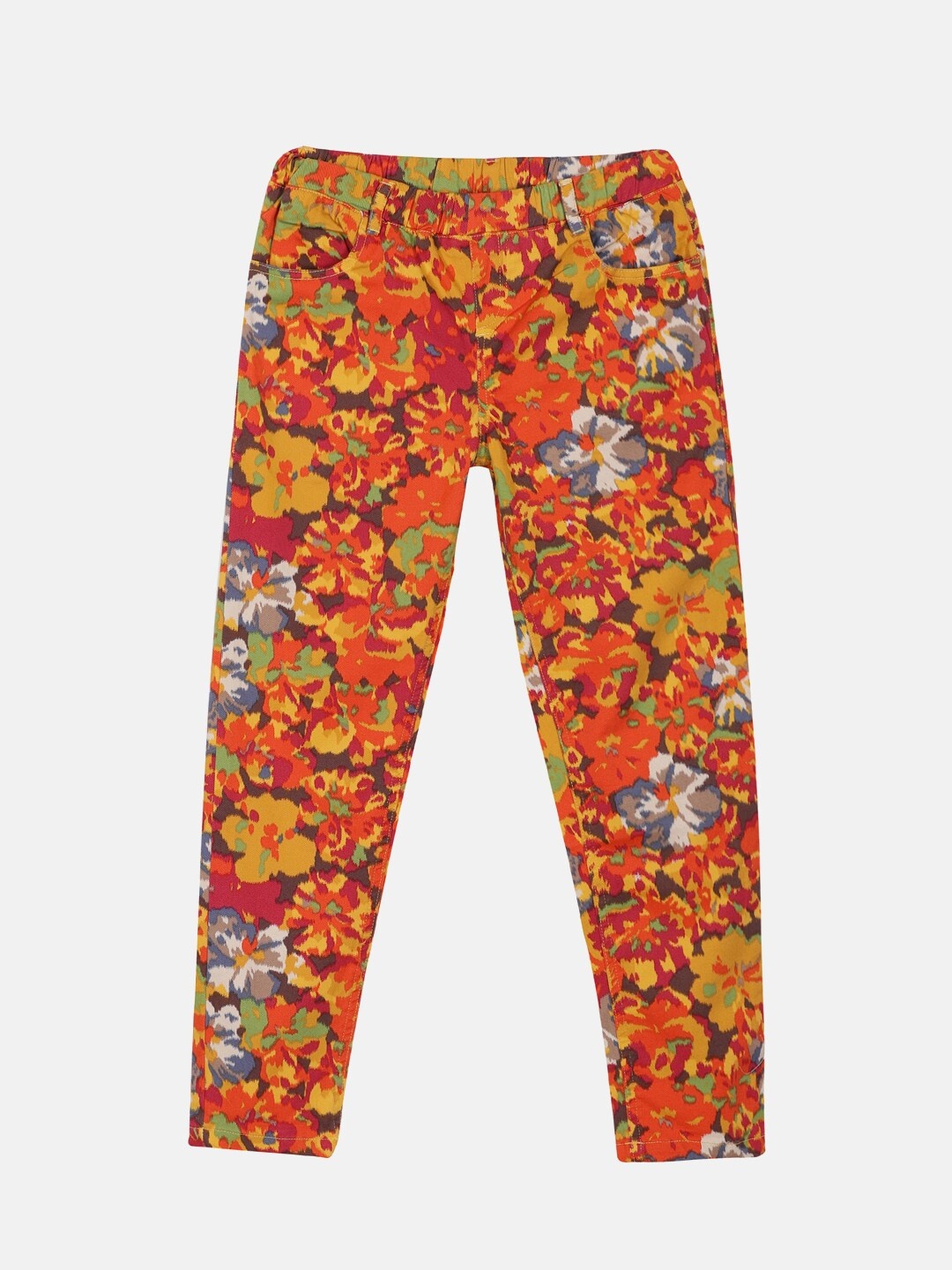 

KiddoPanti Girls Floral Printed Jeggings, Orange