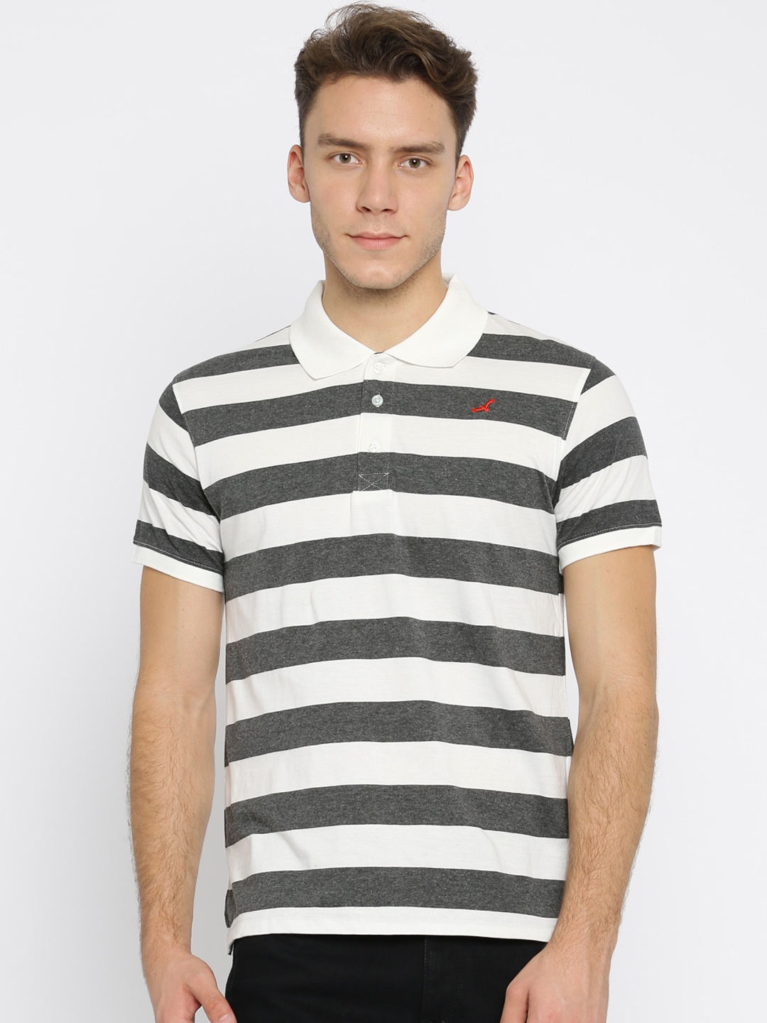 

American Crew Men Charcoal Grey & White Striped Polo Collar T-shirt