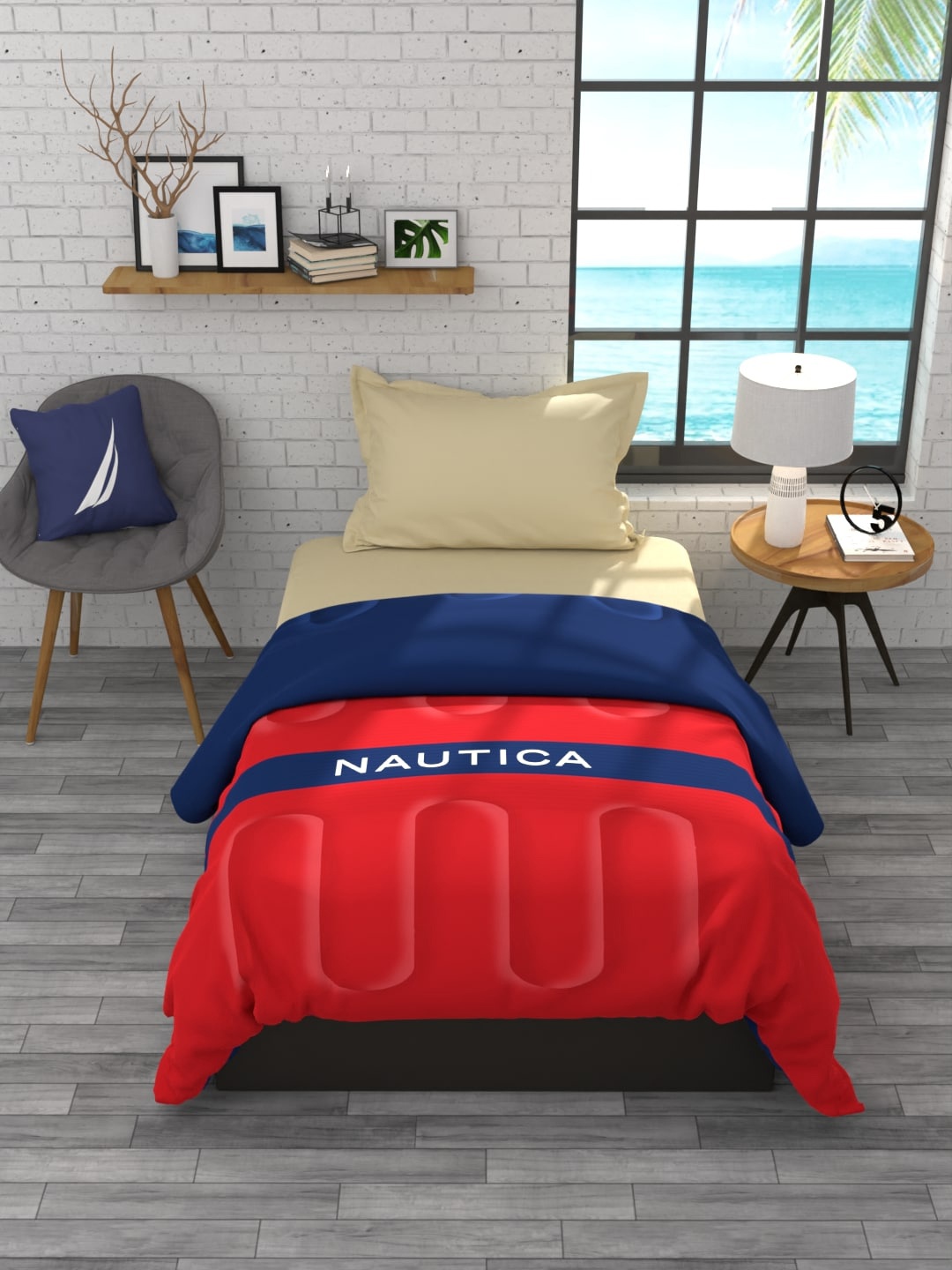 

Nautica Navy Blue & Red AC Room 110 GSM Single Bed Comforter