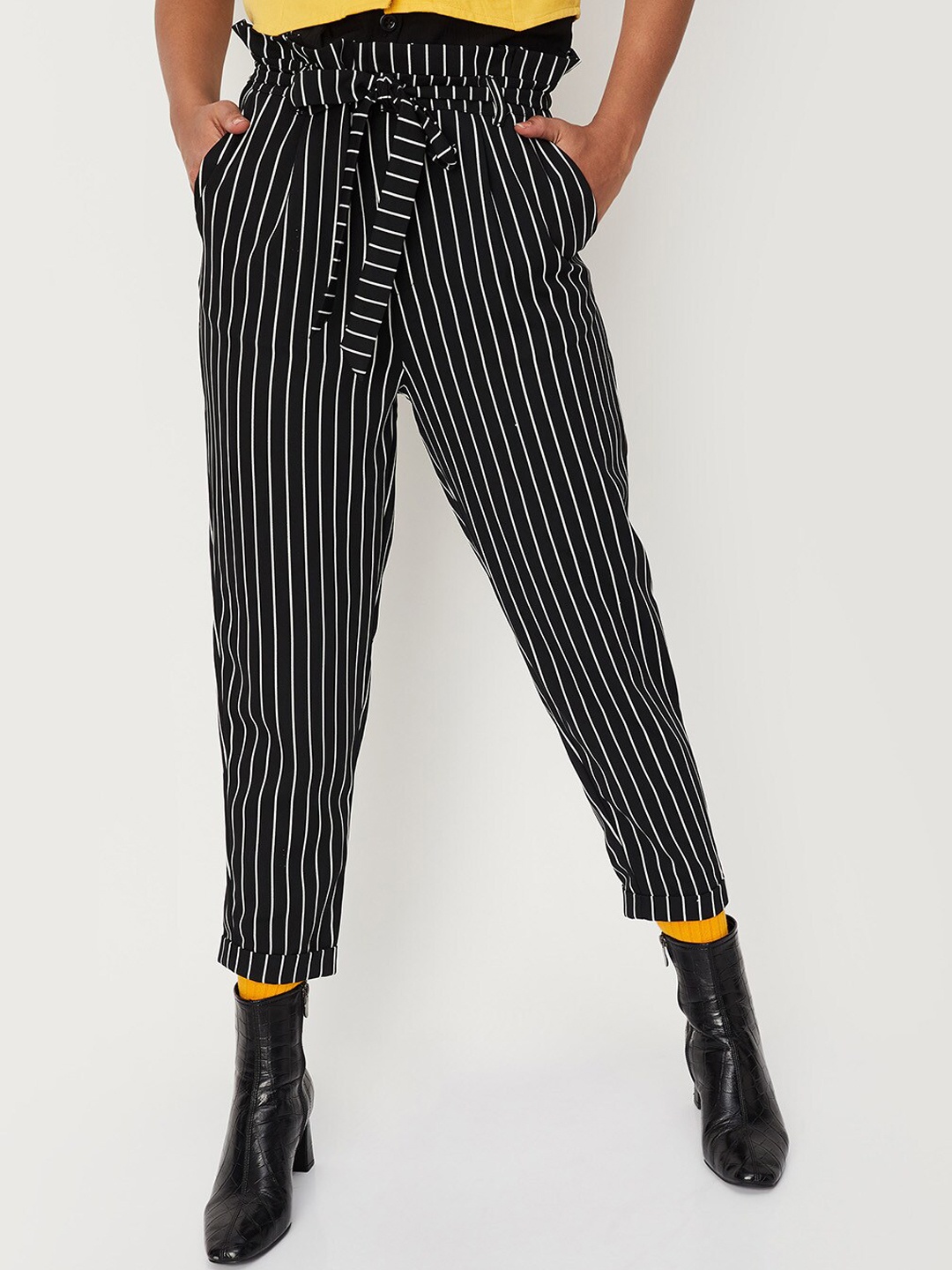 

max Women Striped Trousers, Black