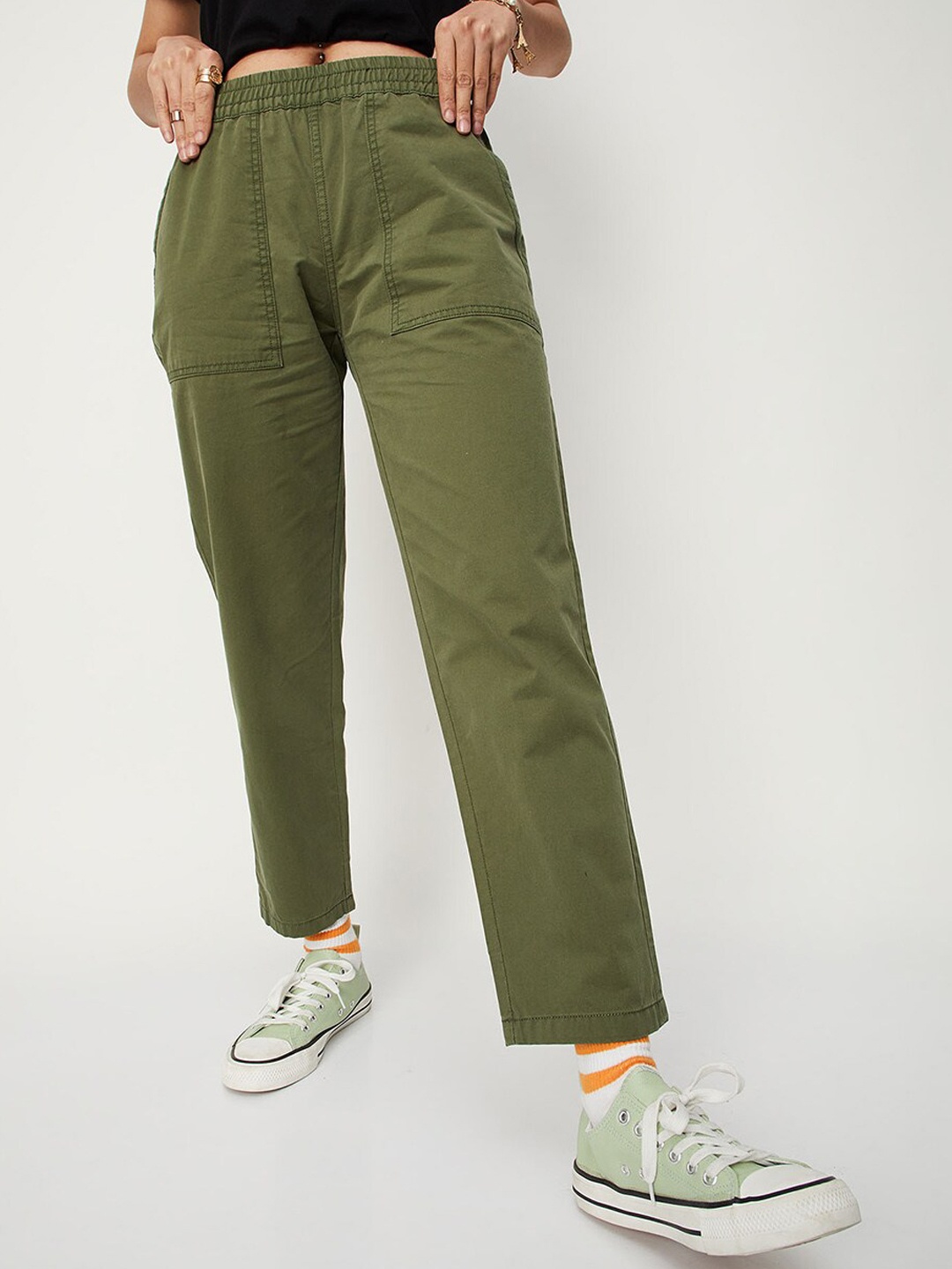 

max Women Pure Cotton Trousers, Green
