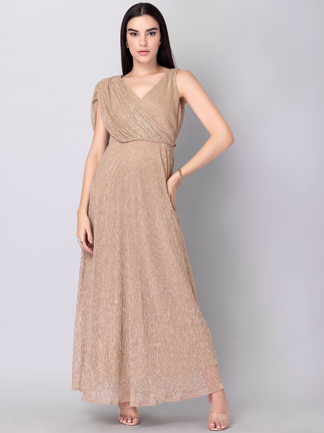 

FabAlley Gathered Detailed Sleeveless Empire Maxi Dress, Gold
