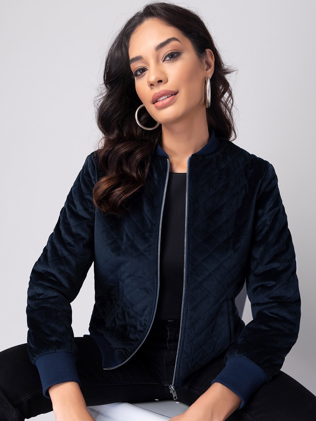 

FabAlley Women Solid Long Sleeves Quilted Jacket, Navy blue