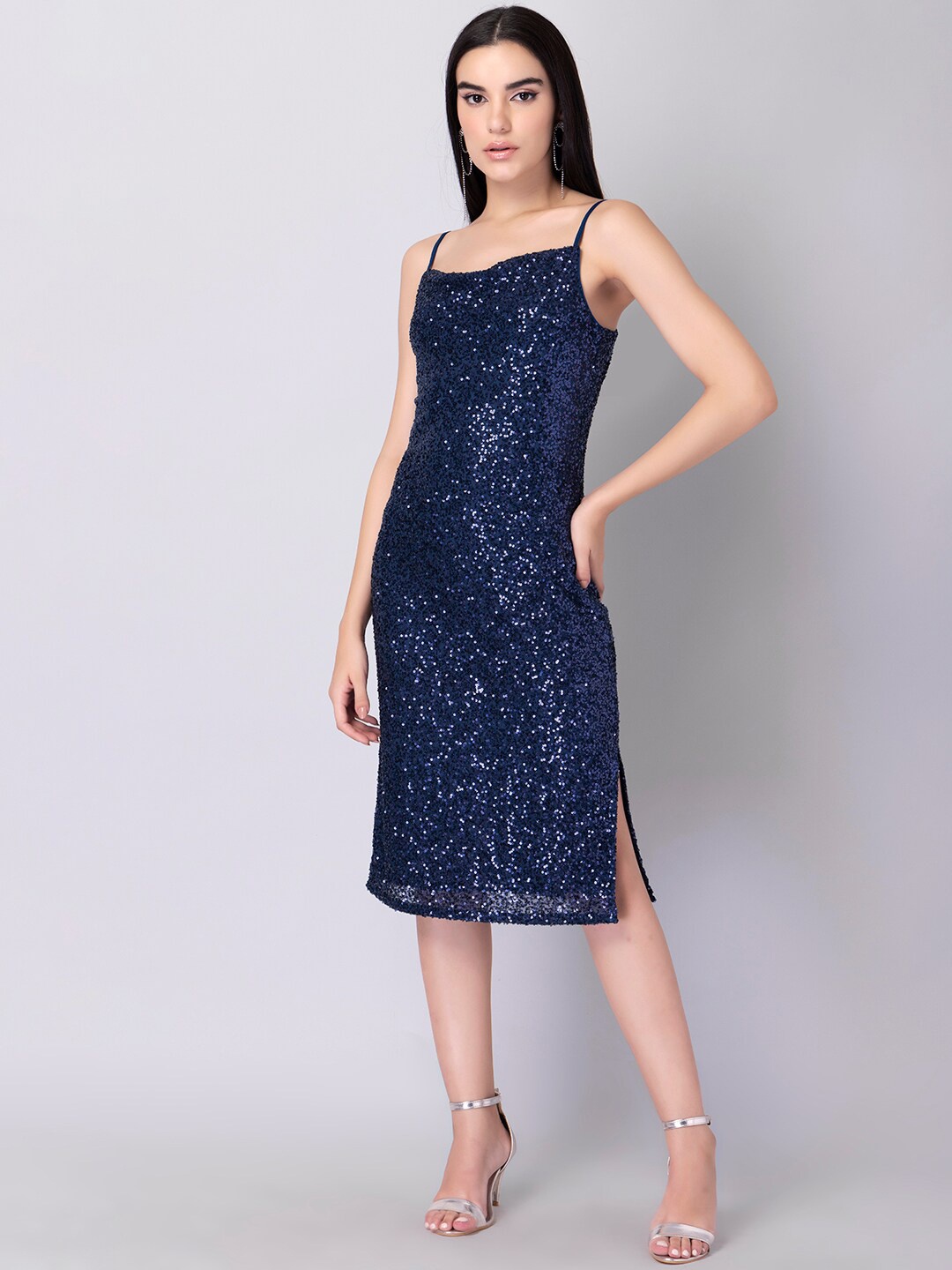 

FabAlley Sequined Embellished Sheath Midi Dress, Navy blue