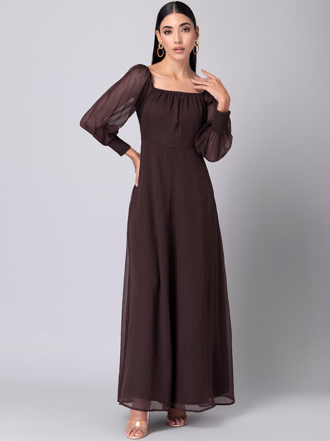 

FabAlley Square Neck Maxi Fit & Flare Dress, Brown