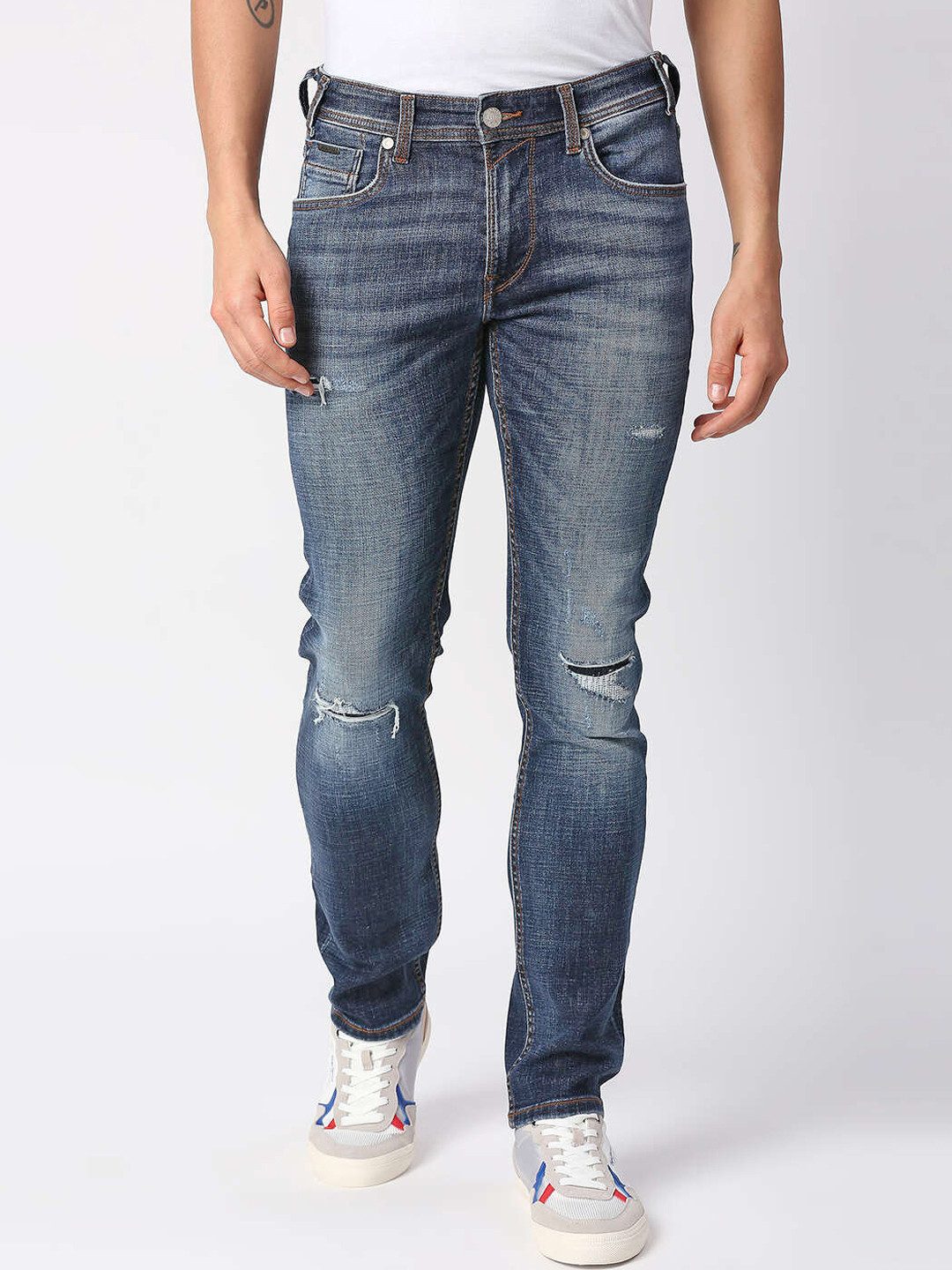 

Pepe Jeans Men Slim Fit Slash Knee Heavy Fade Cotton Stretchable Jeans, Blue