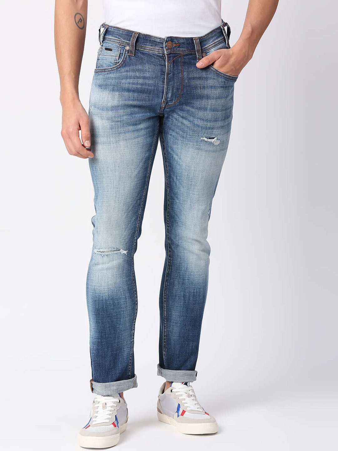 

Pepe Jeans Men Slim Fit Low Distress Heavy Fade Cotton Jeans, Blue