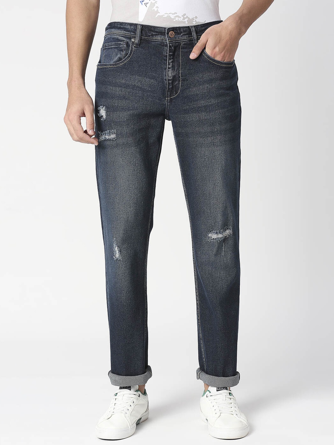 

Pepe Jeans Men Skinny Fit Low Distress Light Fade Cotton Stretchable Jeans, Navy blue