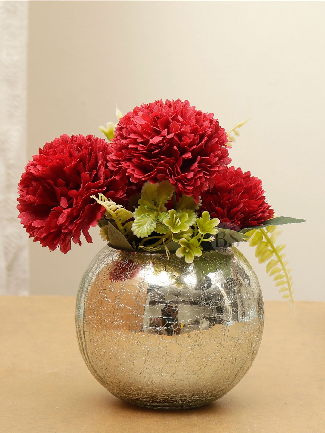 

BS AMOR Red & Silver-Toned Dahlia Artificial Flowers With Glass Vase