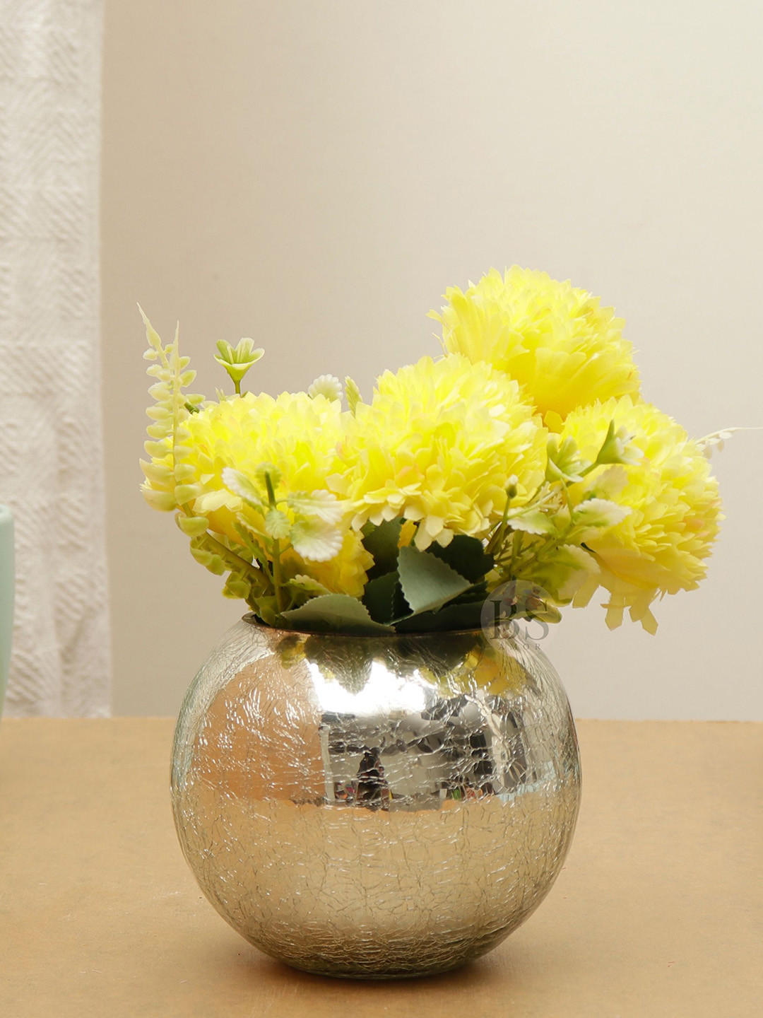 

BS AMOR Yellow & Silver Dahlia Artificial Flower Bunch With Glass Vase