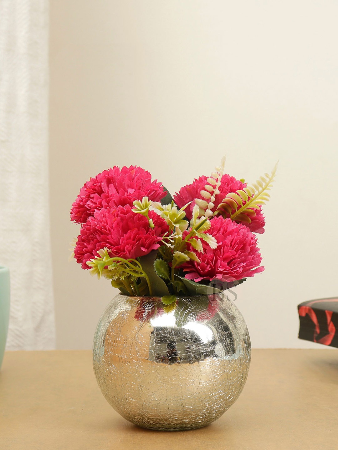 

BS AMOR Rose & Silver Crackled-Design Artificial Dahlia Flowers With Glass Vase