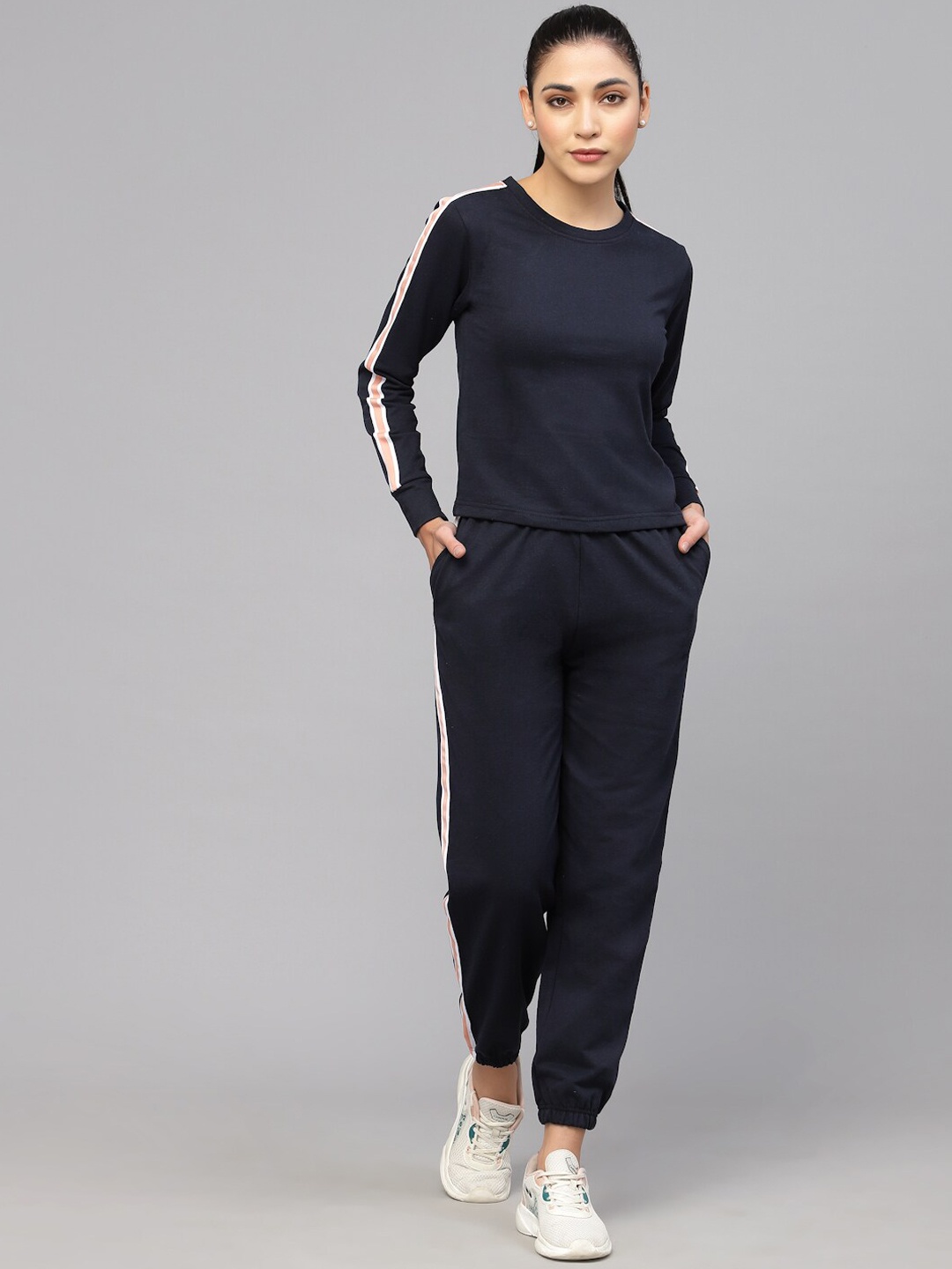 

HILL STREET Women Side Striped Details Pure Cotton Co-Ord Set, Navy blue