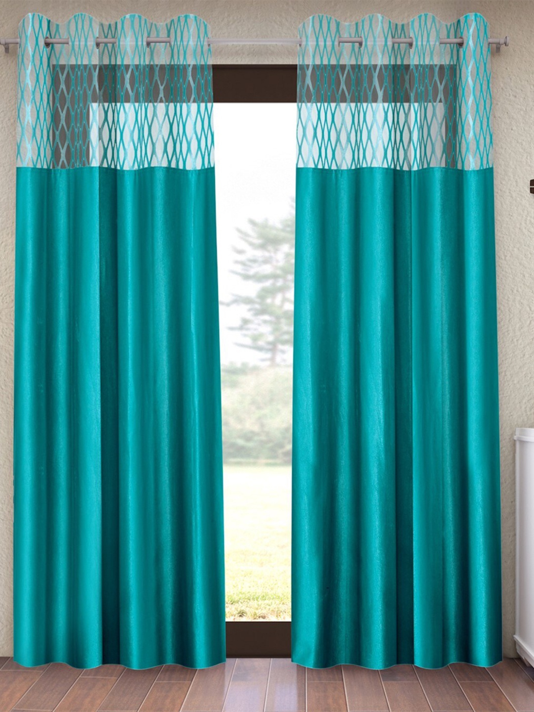 

Home Sizzler Premium Diamond Turquoise Blue Set of 2 Geometric Sheer Window Curtain