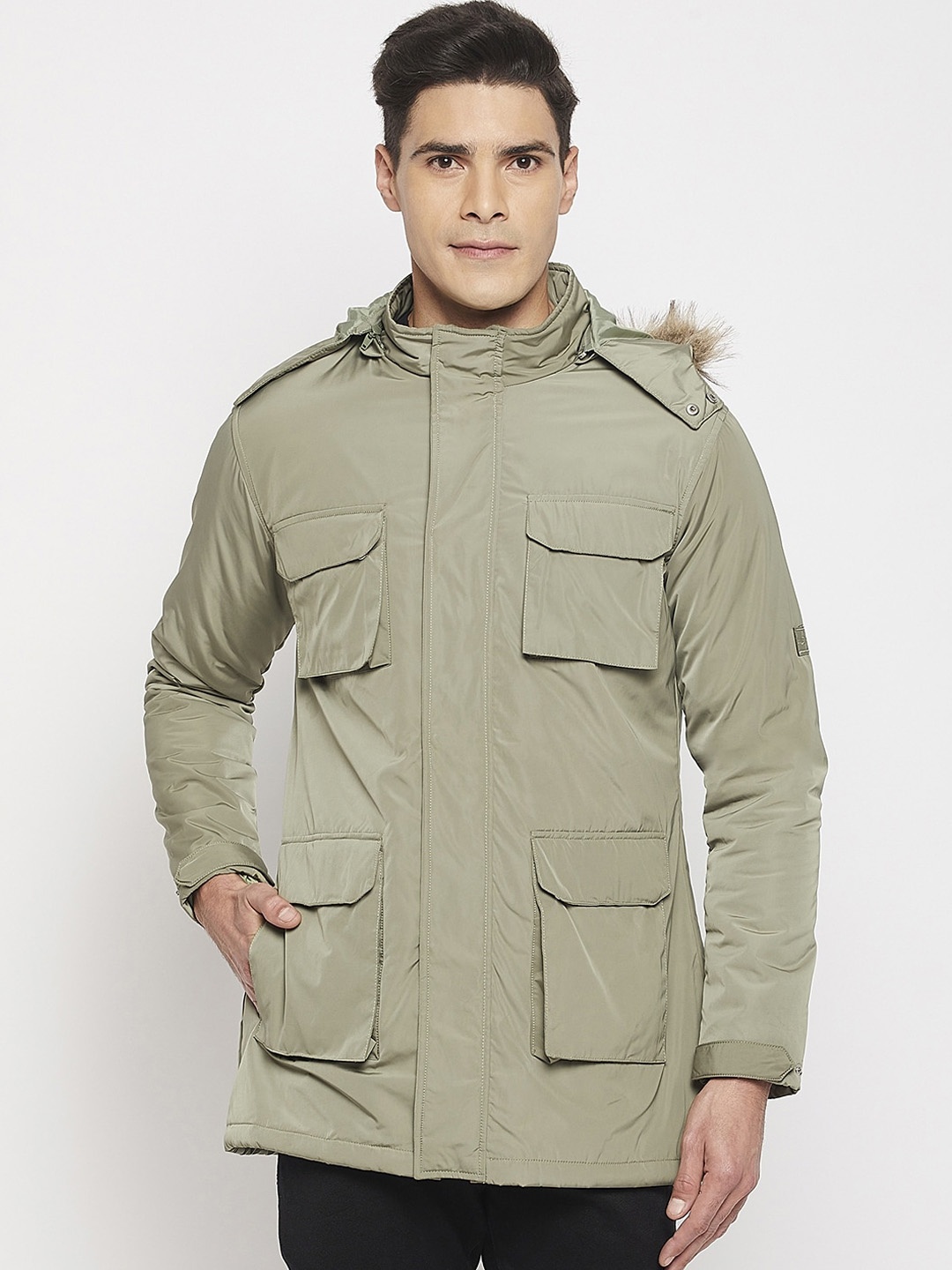 

Okane Men Solid Nylon Hooded Longline Parka Jacket, Olive
