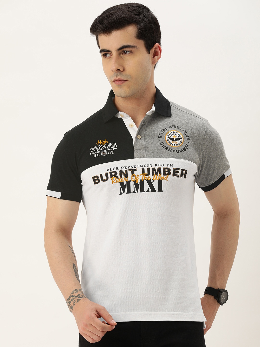 

Burnt Umber Colourblocked Polo Collar T-shirt, White