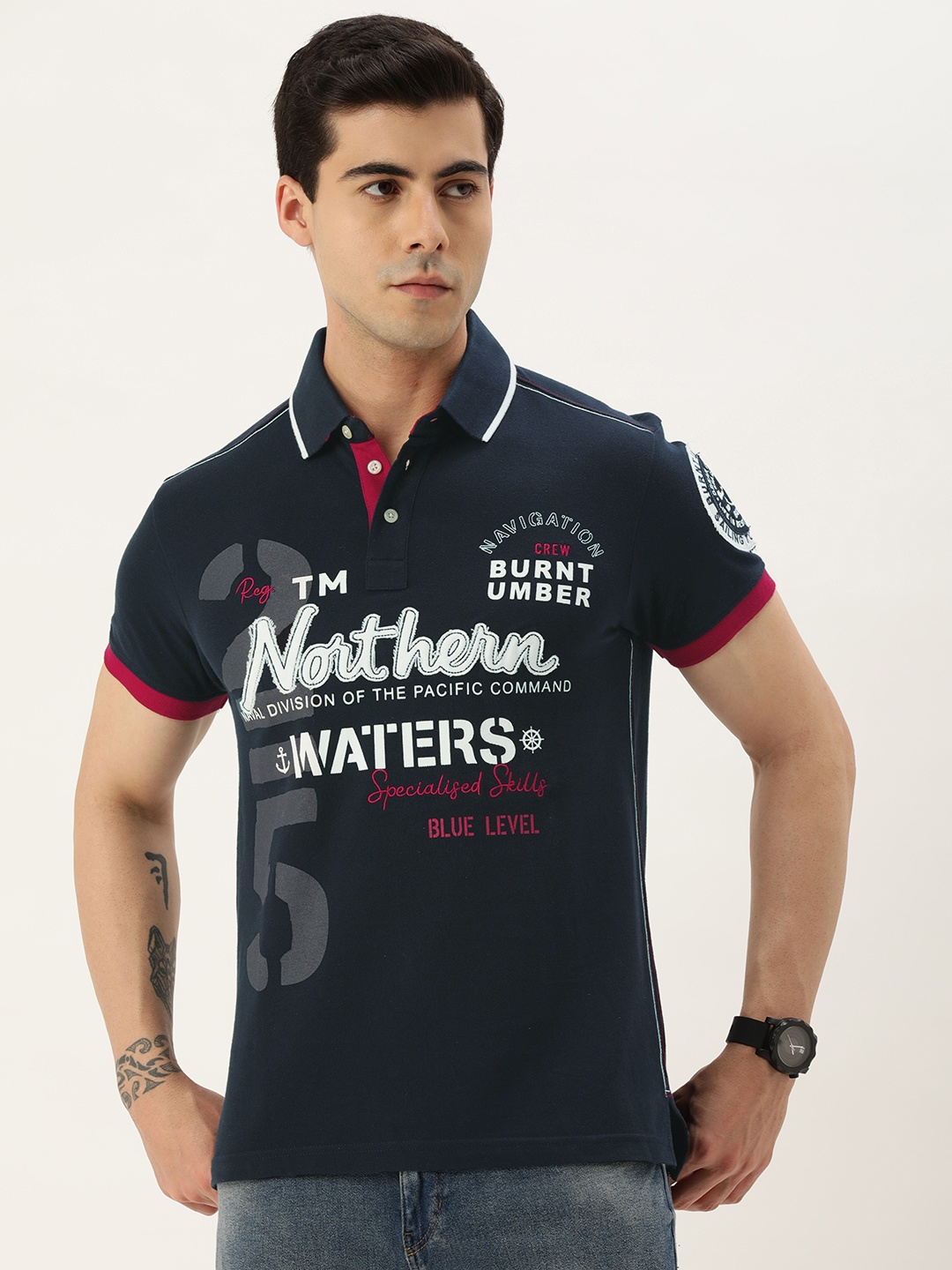 

Burnt Umber Typography Printed Cotton Polo Collar T-shirt, Navy blue