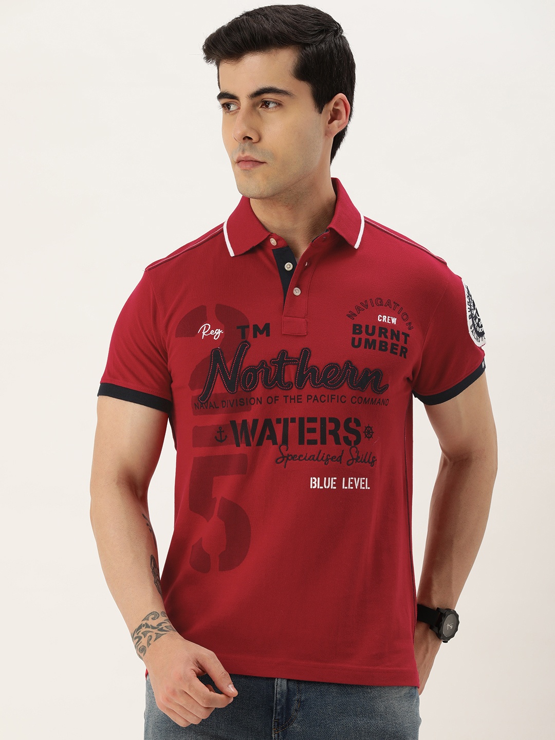 

Burnt Umber Typography Printed Cotton Polo Collar T-shirt, Red