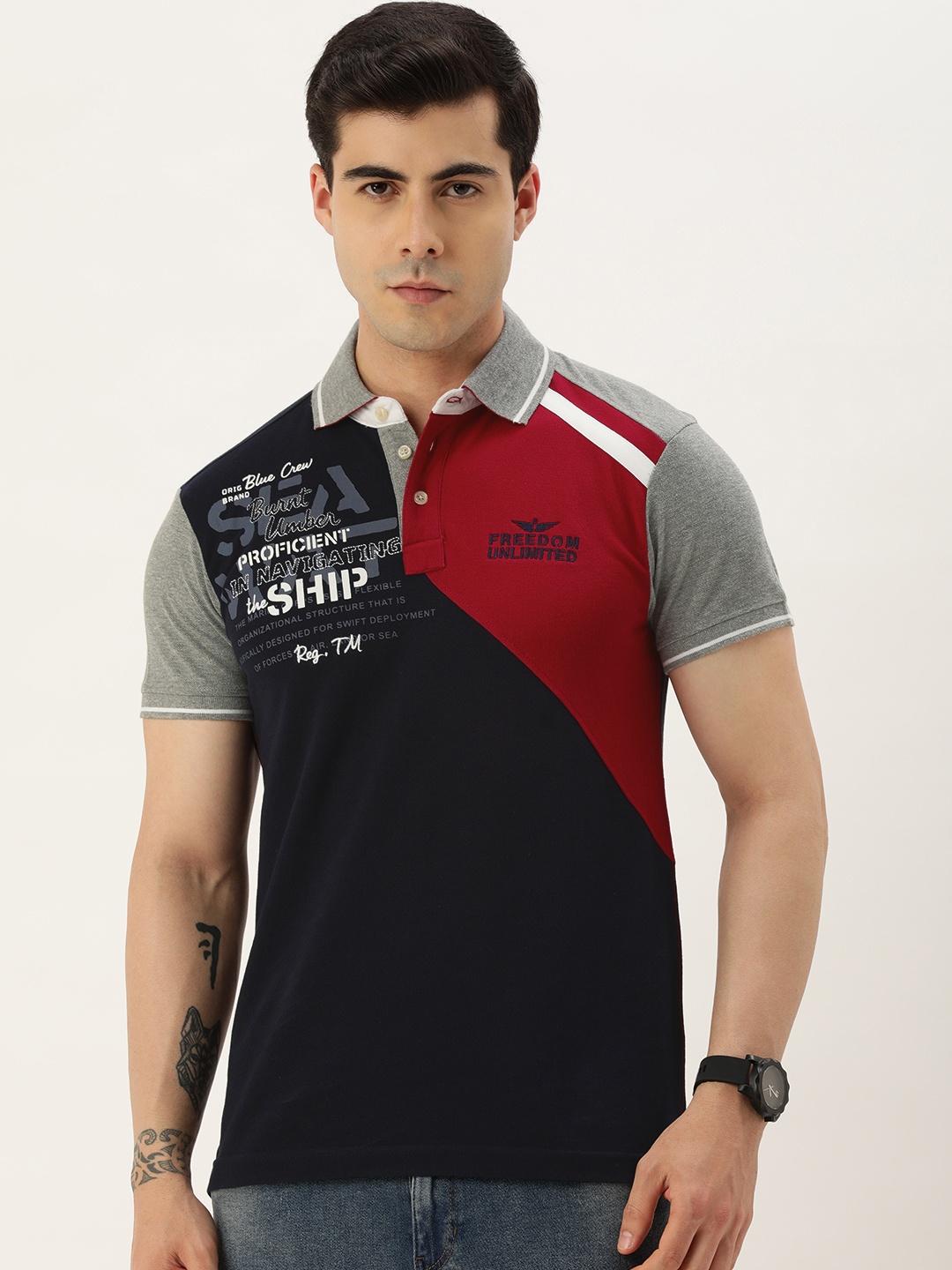 

Burnt Umber Colourblocked Polo Collar T-shirt, Navy blue