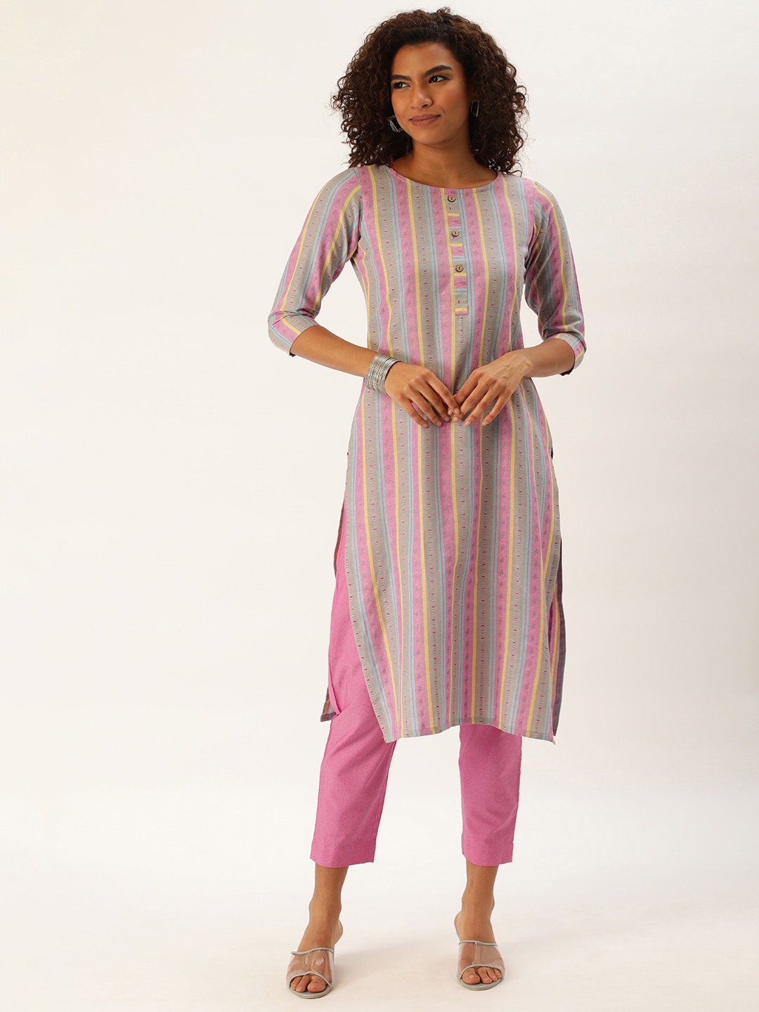 

Saanjh Women Striped Pure Cotton Kurta With Trousers, Pink