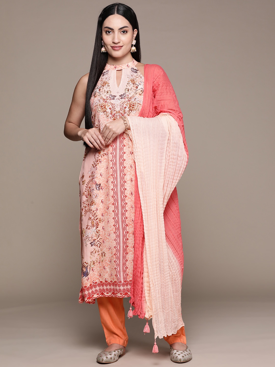 

aarke Ritu Kumar Floral Printed Kurta With Trousers & With Dupatta, Peach