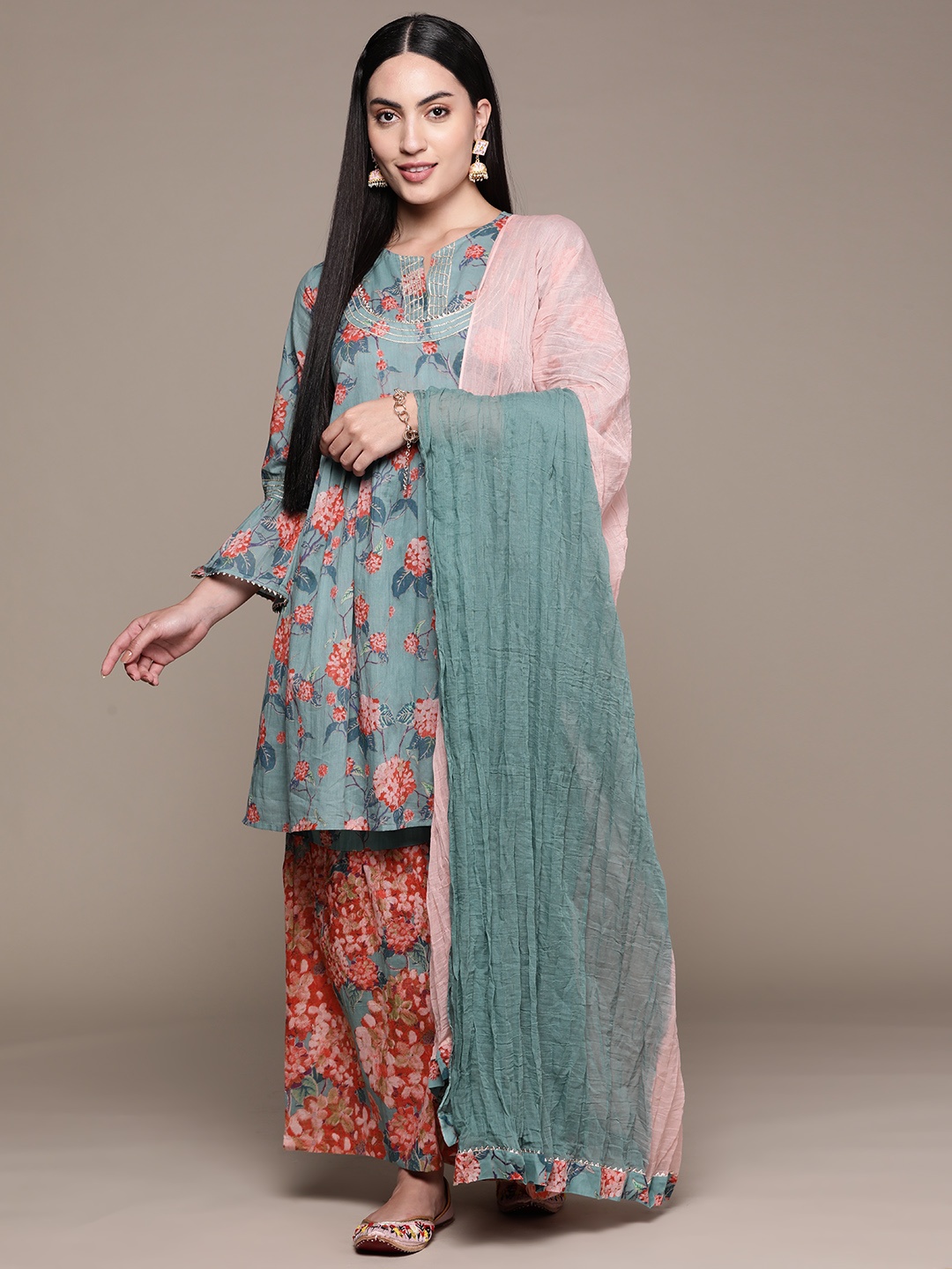 

aarke Ritu Kumar Floral Printed Gotta Patti Pure Cotton Kurta With Sharara & Dupatta, Green