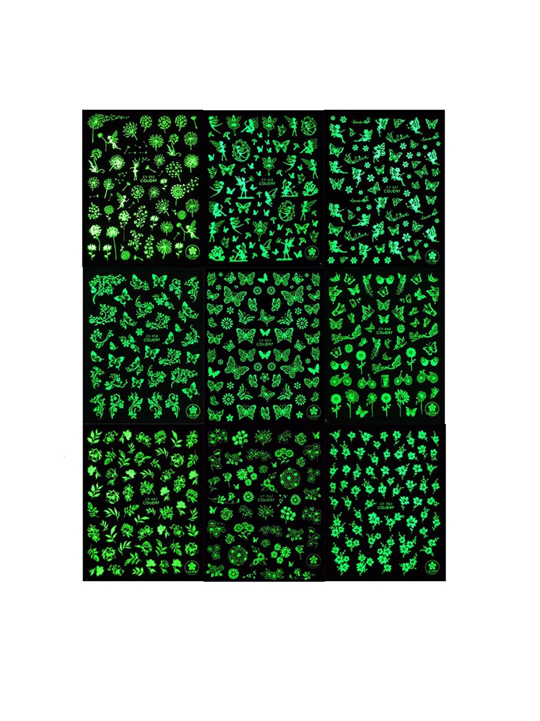 

S.A.V.I. Set of 9 Luminous Glow Butterfly Flower Fairy Self-Adhesive Nail Art Stickers, Green