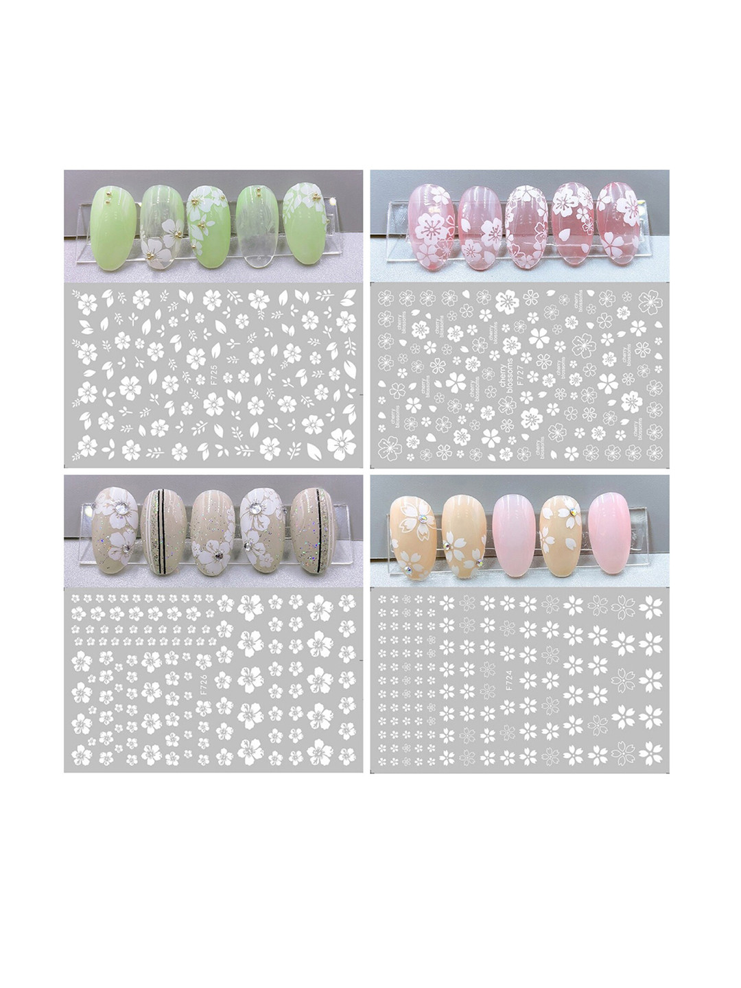 

S.A.V.I. Set Of 4 Sheets Self Adhesive 3D Floral Design Nail Art Stickers, White