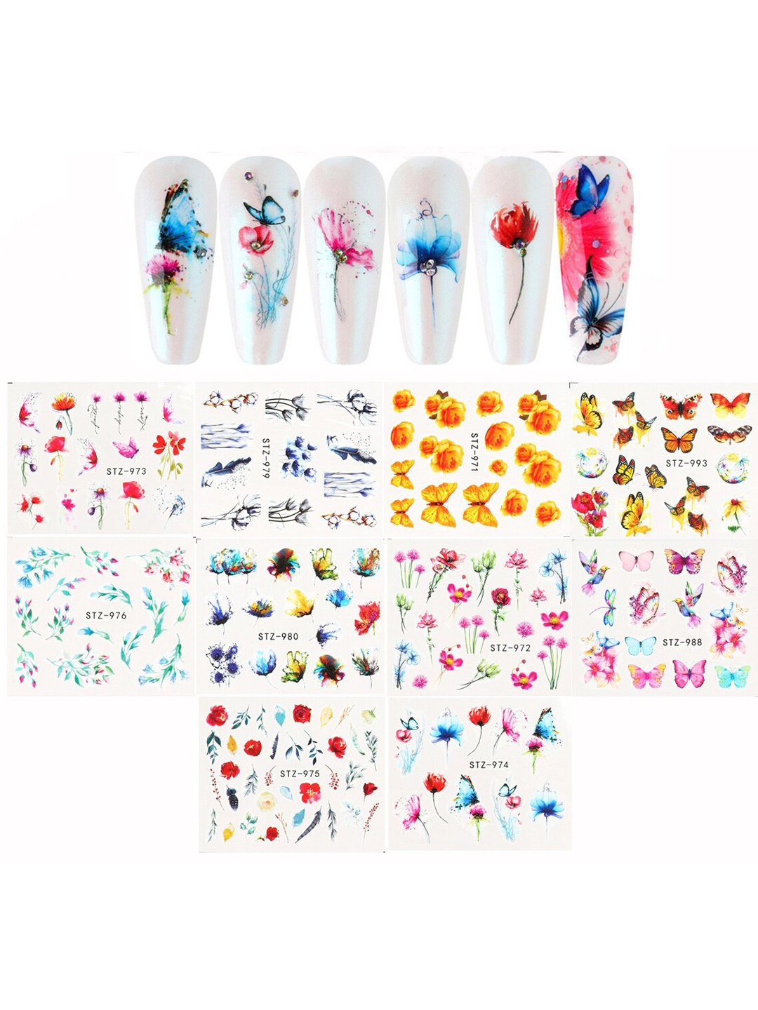 

S.A.V.I. Flower Butterfly Leaf Water Transfer DIY Nail Sticker - 10 Sheets, Multi