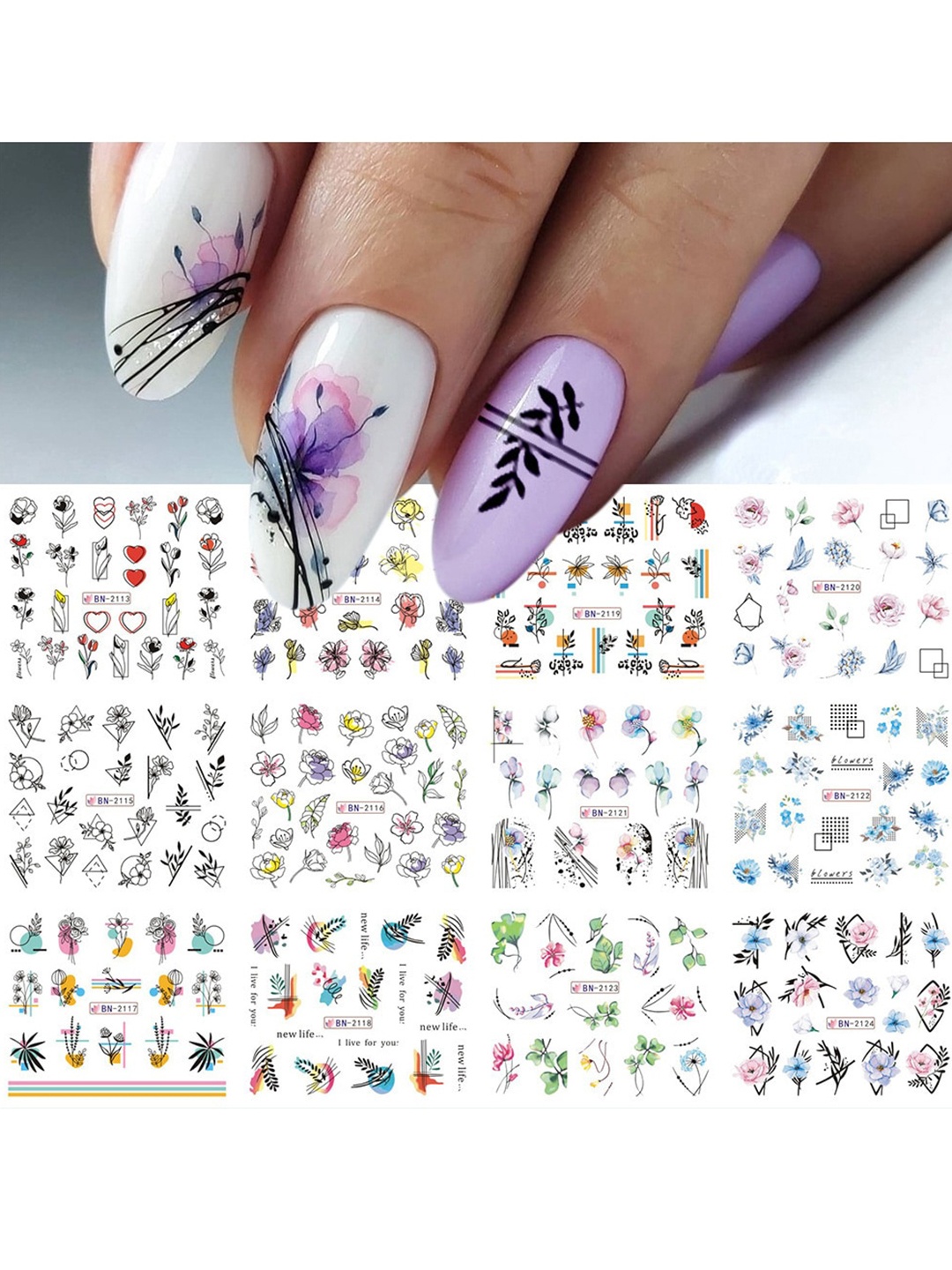 

S.A.V.I. Colorful Flower Leaves Water Transfer DIY Nail Sticker - 12 Sheets, Multi