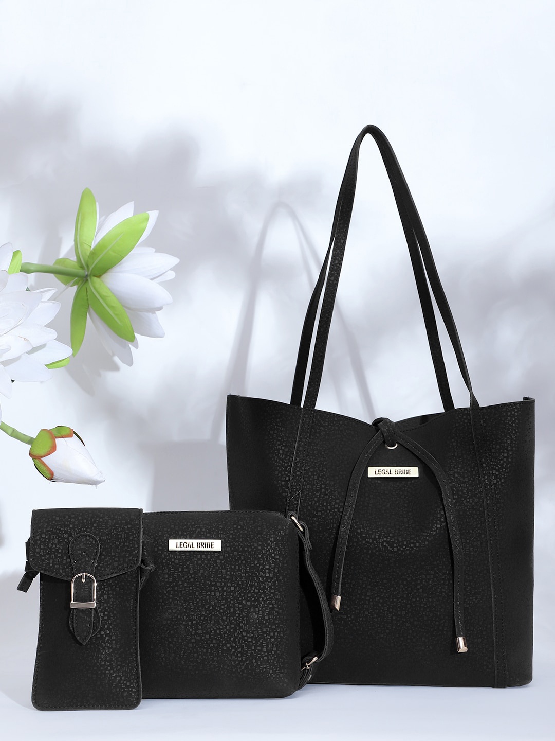 

LEGAL BRIBE Black PU Structured Handheld Bag with Cut Work