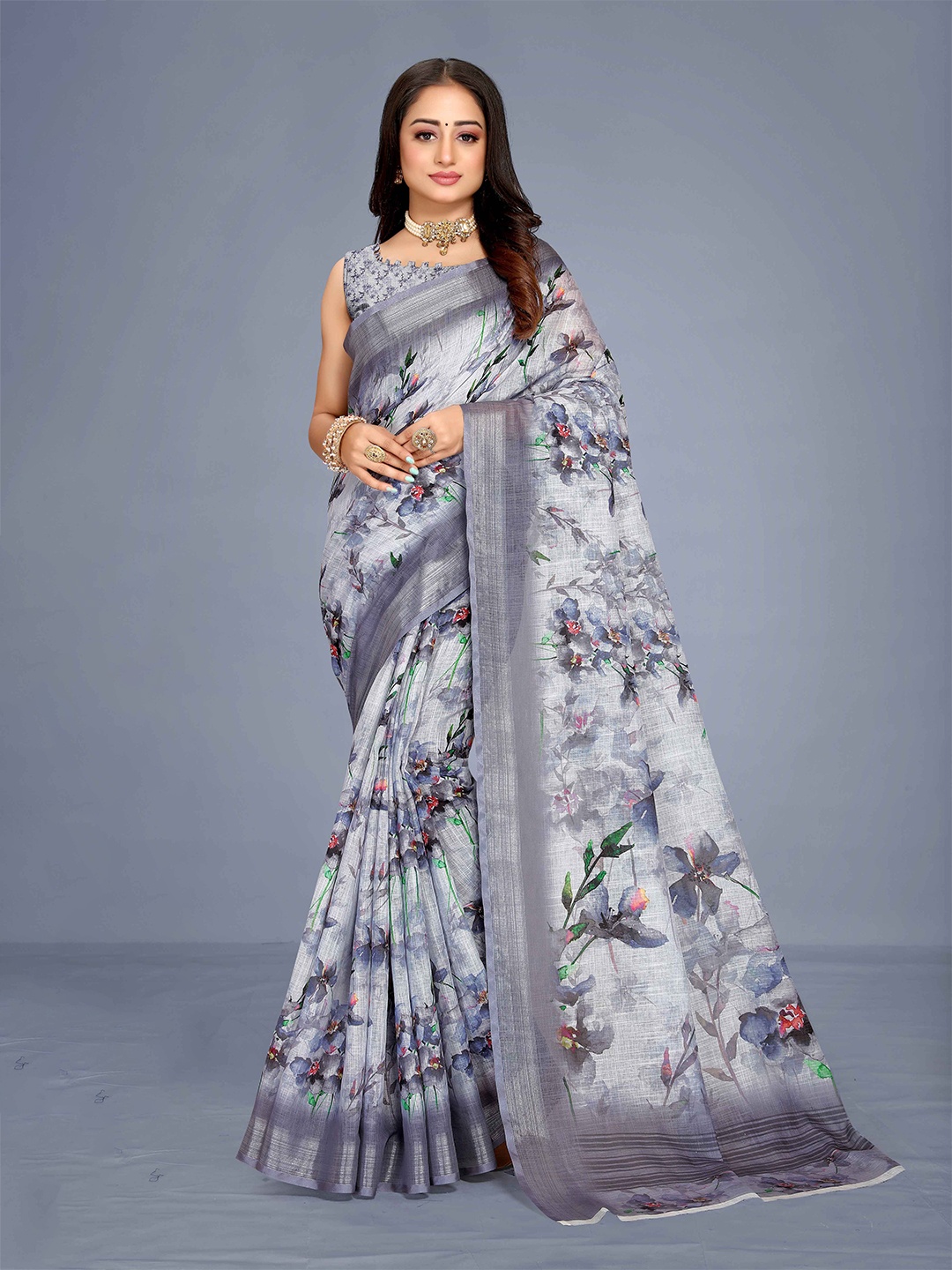 

VENISA Floral Printed Zari Linen Blend Bagh Saree, Grey