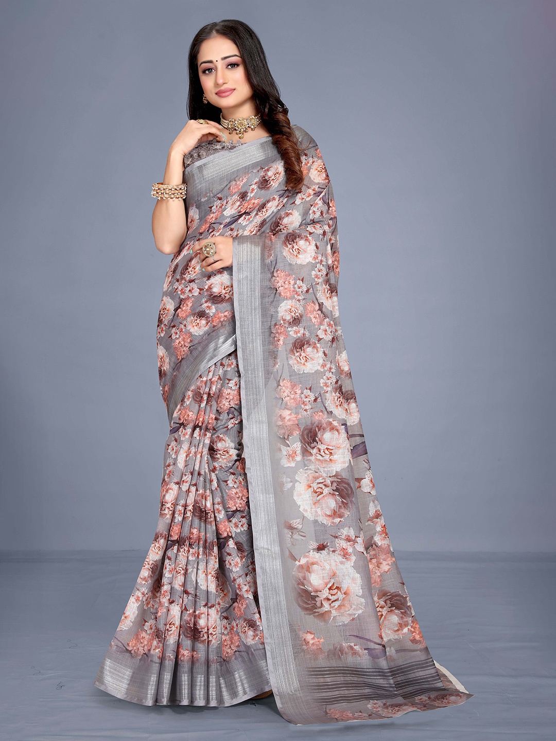 

VENISA Floral Printed Zari Linen Blend Bagh Saree, Grey