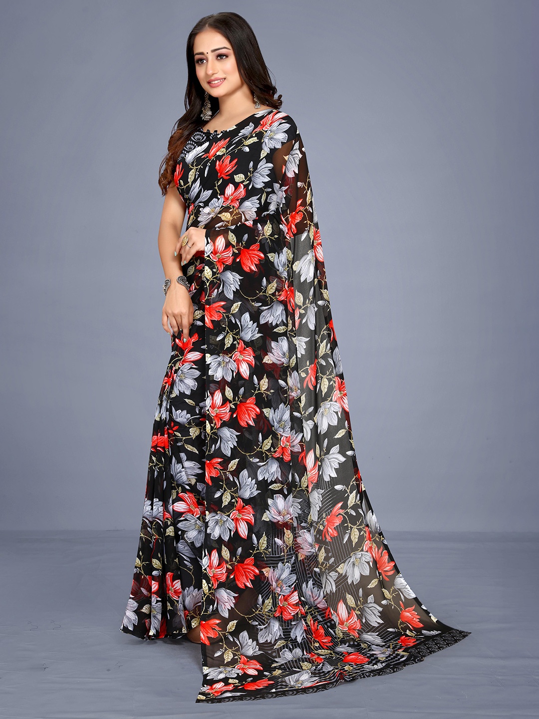 

VENISA Floral Printed Poly Georgette Bagh Saree, Black