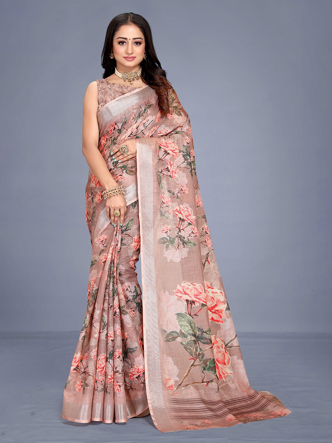 

VENISA Floral Printed Zari Linen Blend Bagh Saree, Peach