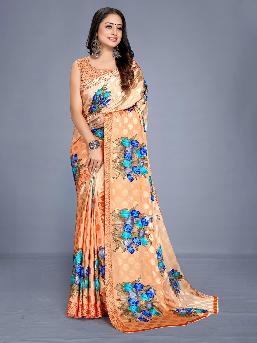 

VENISA Floral Printed Bagh Saree, Orange