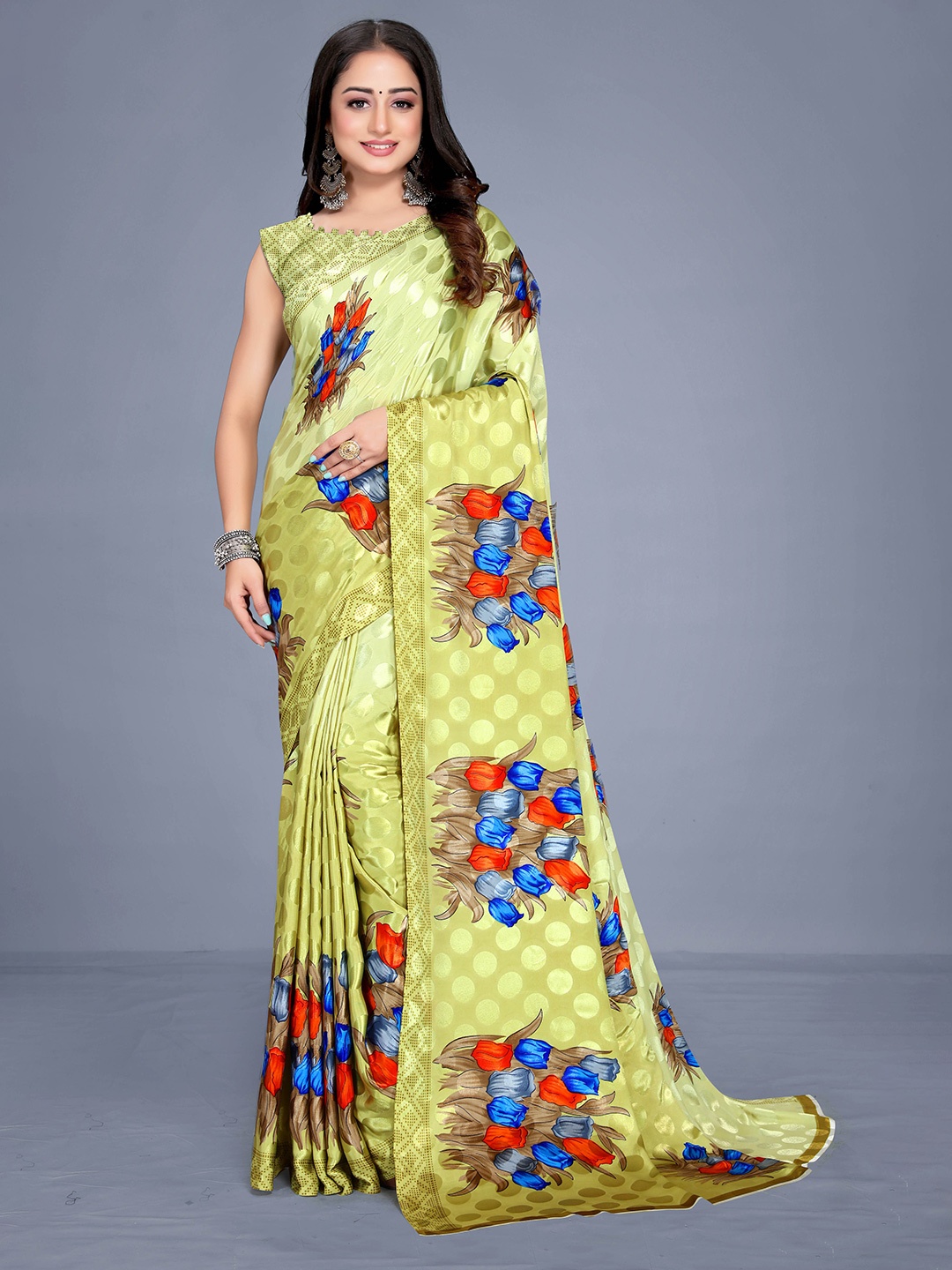 

VENISA Lime Floral Bagh Saree, Lime green