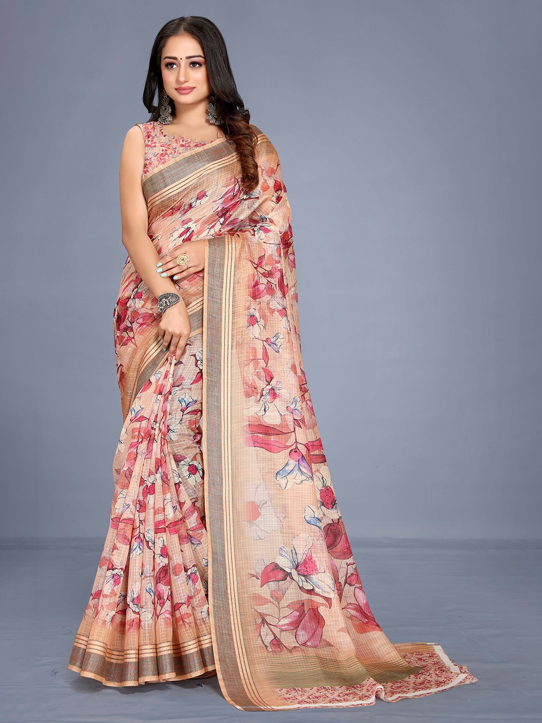 

VENISA Floral Bagh Saree, Peach