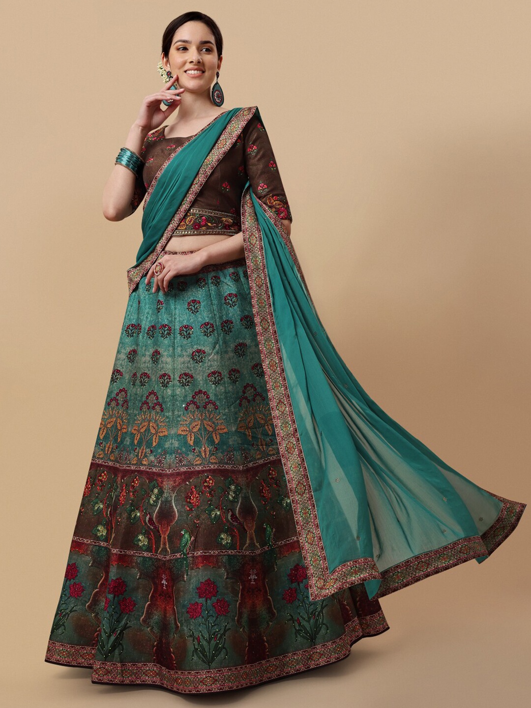

SAPTRANGI Embroidered Semi-Stitched Lehenga & Unstitched Blouse With Dupatta, Teal