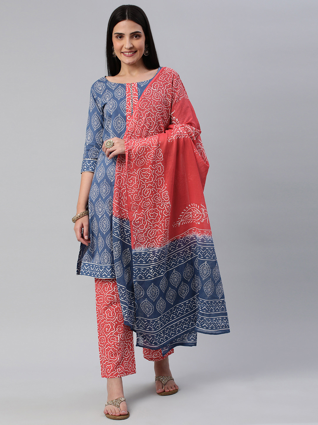 

flaher Women Printed Gotta Patti Pure Cotton Kurta With Trousers & With Dupatta, Red