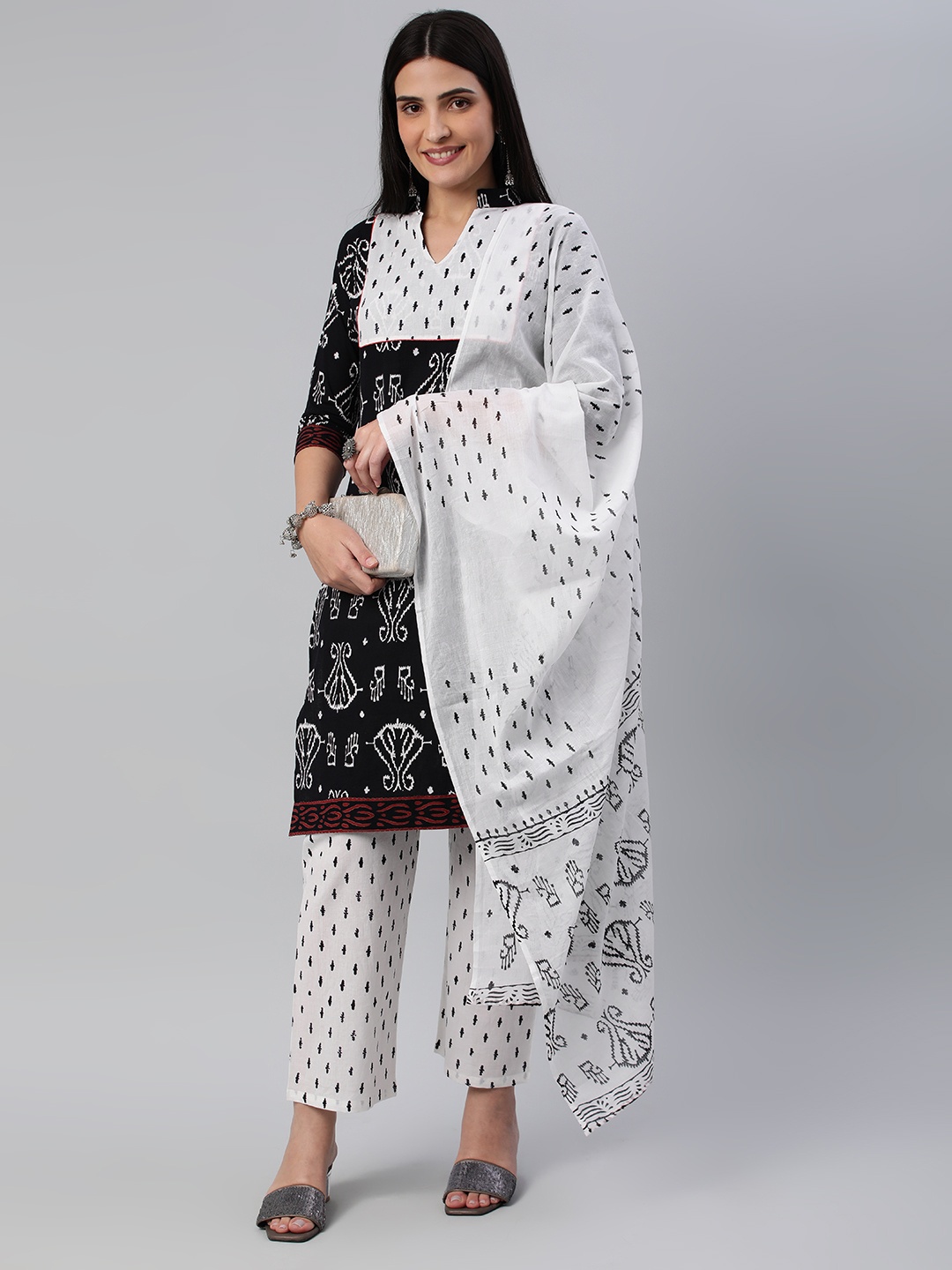 

flaher Women Ethnic Motifs Printed Pure Cotton Kurta With Trousers & With Dupatta, Black