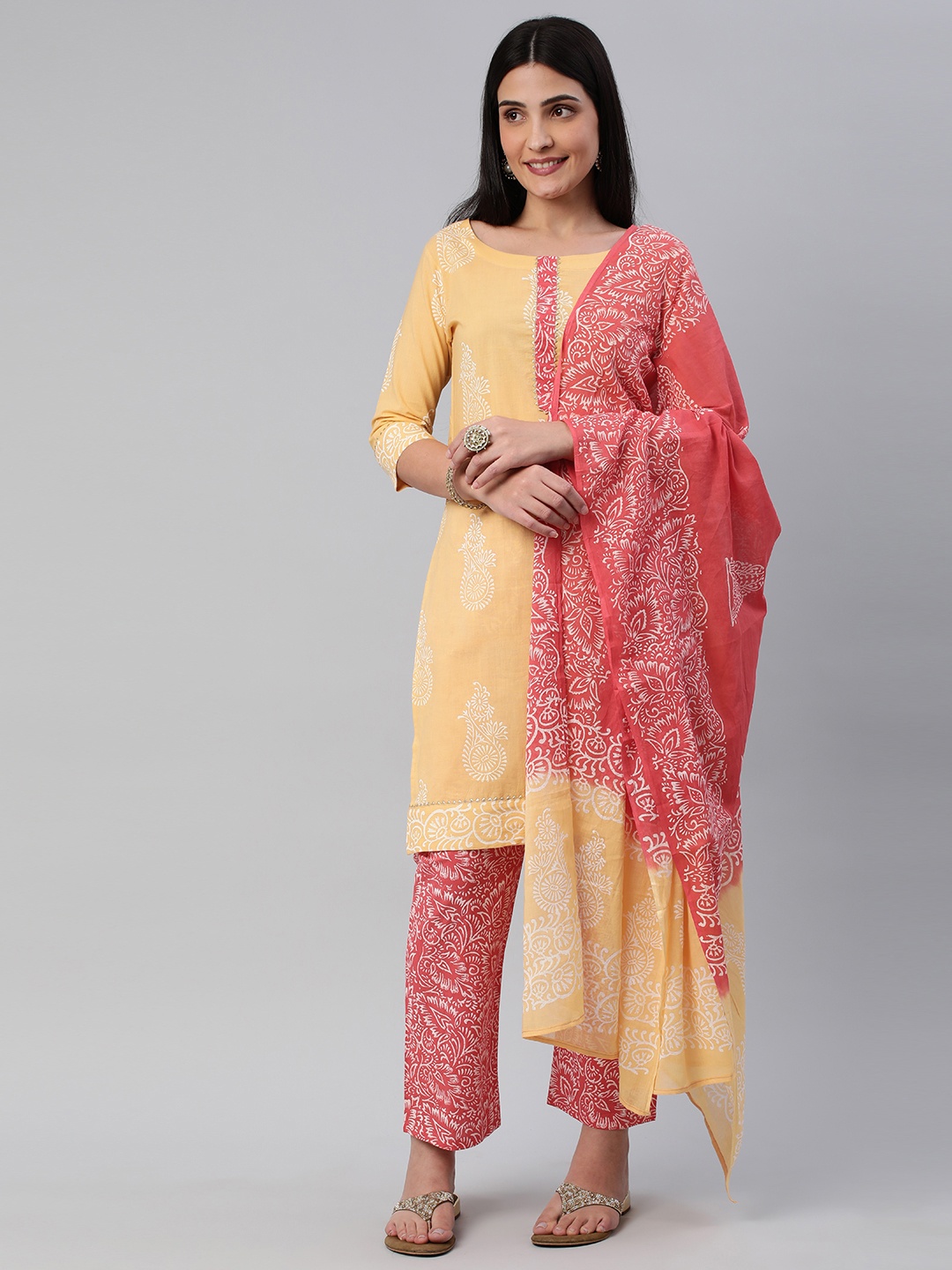 

flaher Women Ethnic Motifs Printed Pure Cotton Kurta With Trousers & With Dupatta, Yellow