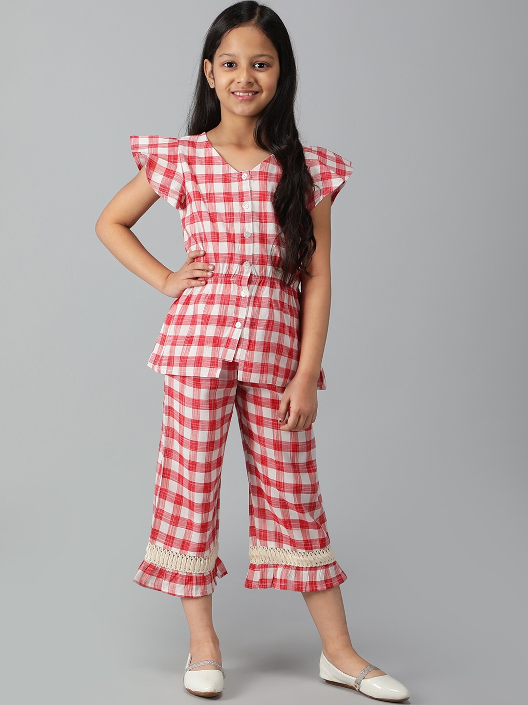 

misbis Girls Checked Pure Cotton Top with Trousers, Red