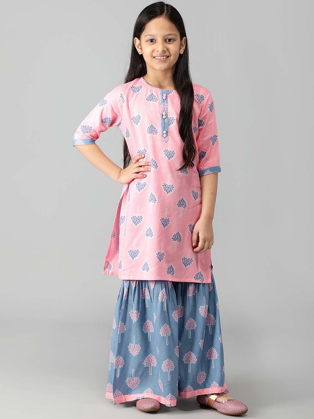 

misbis Girls Ethnic Motifs Printed Kurta with Sharara, Pink