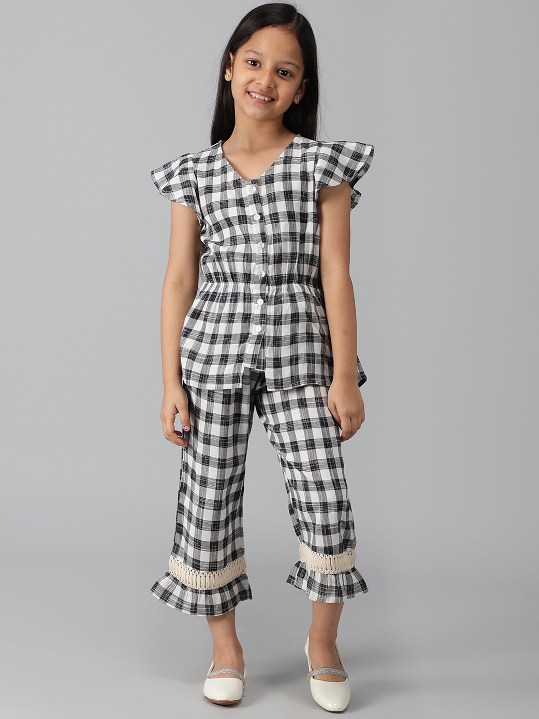 

misbis Girls Pure Cotton Checked Shirt with Trousers, Black