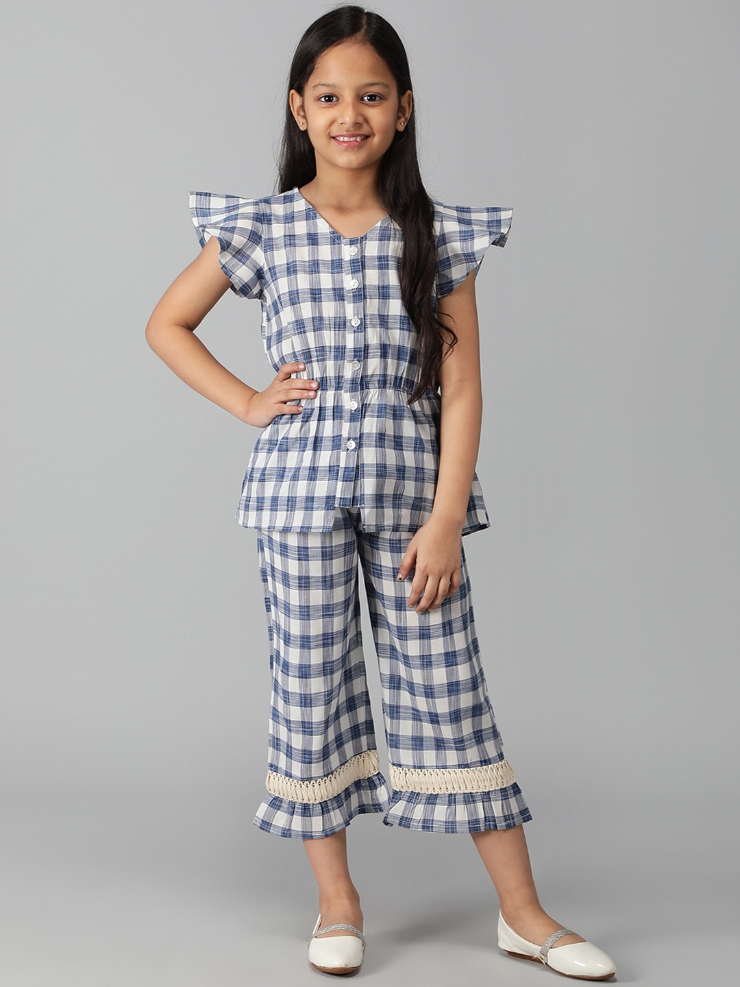 

misbis Girls Pure Cotton Checked Top with Trousers, Blue